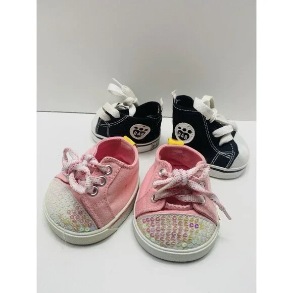 2 Pair Build A Bear High Top Black & White Sneakers Shoes & Pink Sequin Sneakers - Picture 5 of 10
